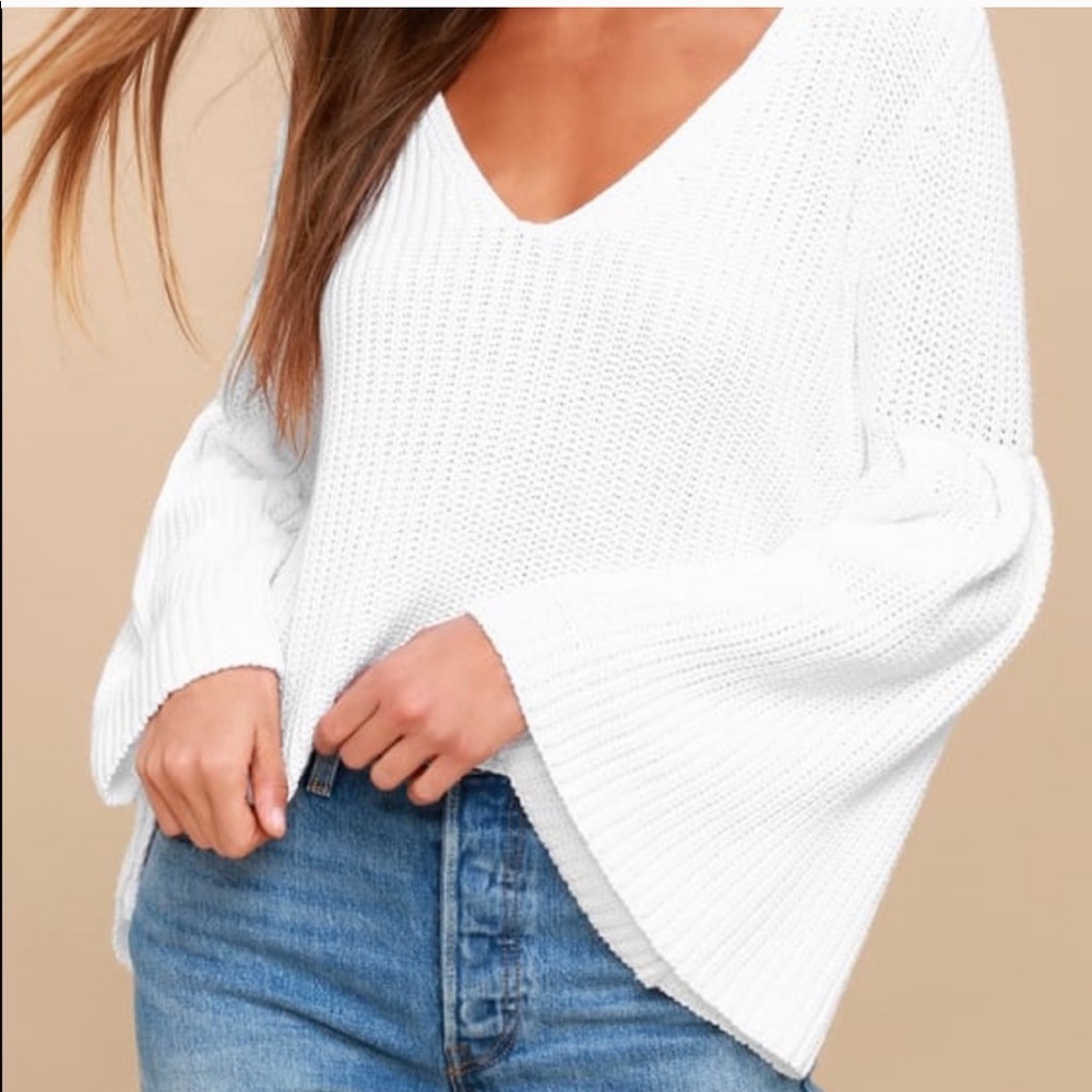 Free People White Bell Sleeve Knit Sweater